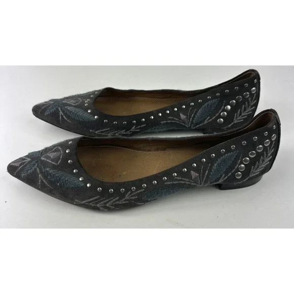 Frye Embroidered Studded Pointed Toe Slip On Ballet Flats Gray Suede 9M Size 9 - Picture 9 of 10